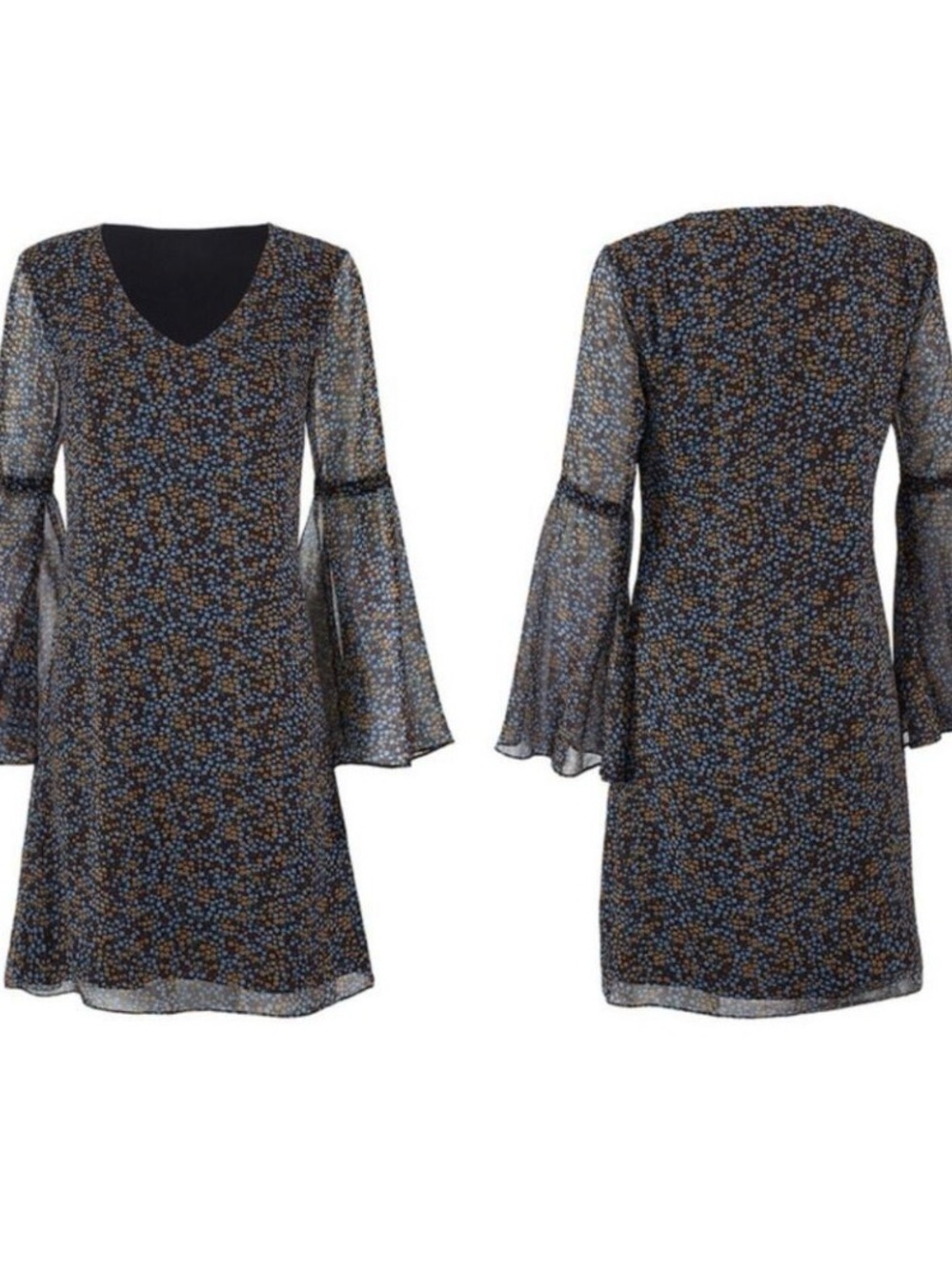 CAbi Poise Dress S #3648 Black Ditsy Floral Bell Sleeve V-Neck Chiffon Lined - Picture 3 of 6